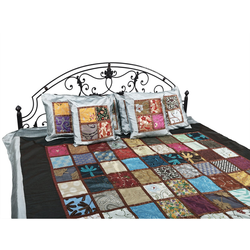 Exotic India Art Silk Multicolor Bedcover Floral Embroidered Patch Work From Jaipur, Multicolor Geometric