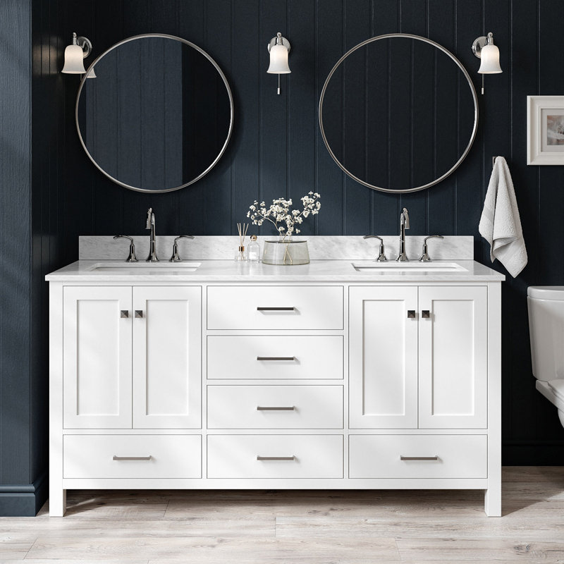 Flynt 67'' Solid Wood Double Bathroom Vanity in White, with 0.75'' Carrara Marble Top, Center, Rectangle Sink, Rectangle