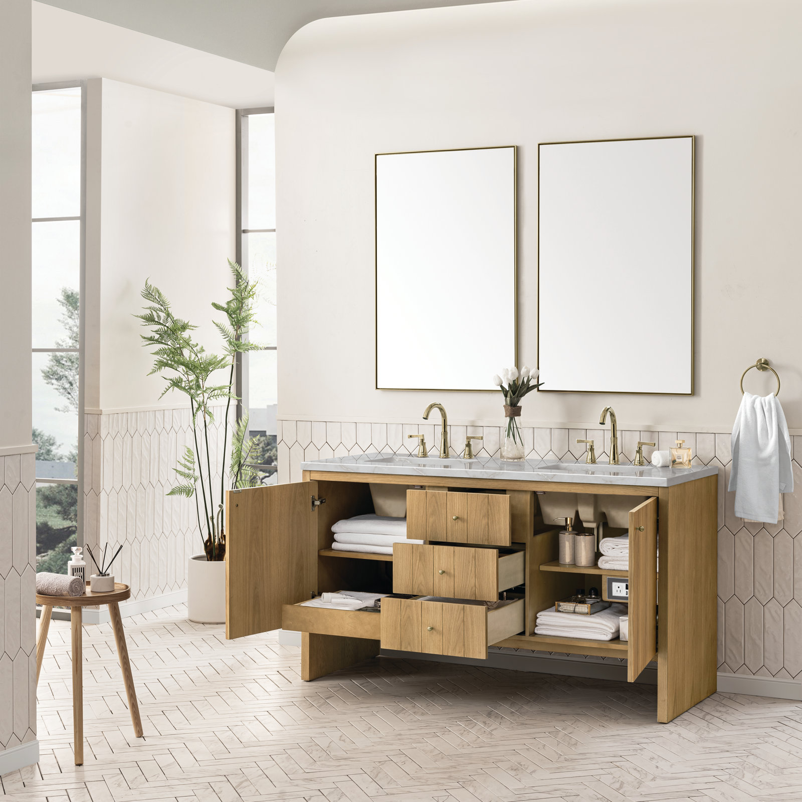 Hudson 60'' Double Bathroom Vanity, Victorian Silver, 8" Widespread, Light Natural Oak