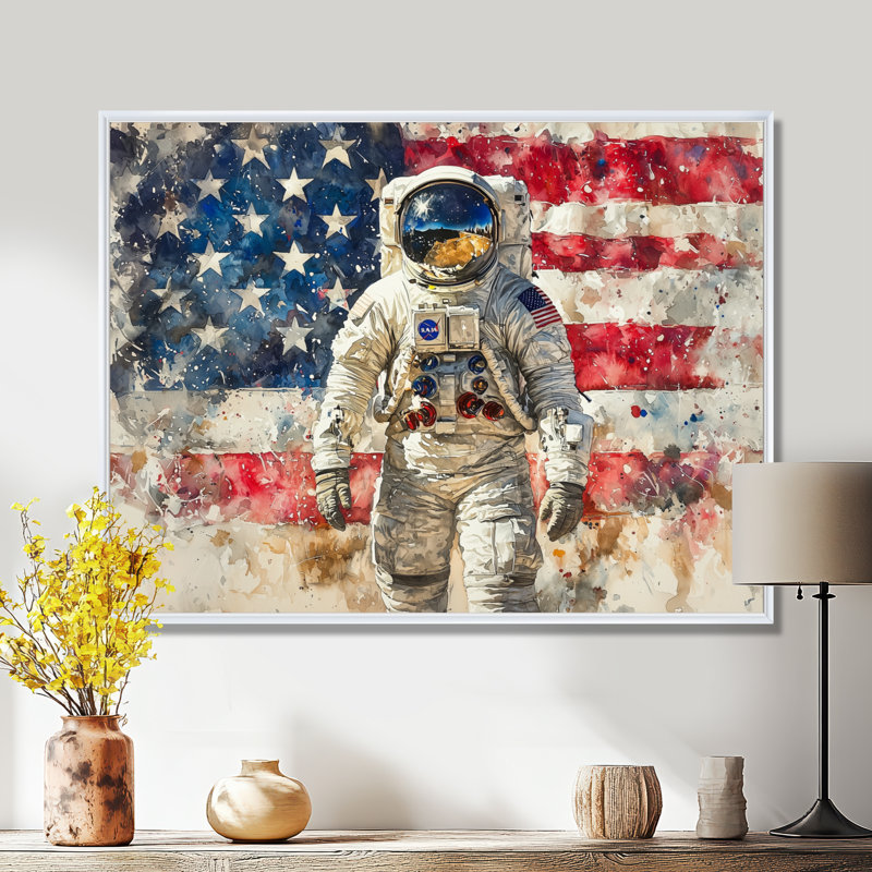 «First Astronault On Moon with Usa Flag II», art mural américain pour le salon, H 24 po x l 32 po, Blanc