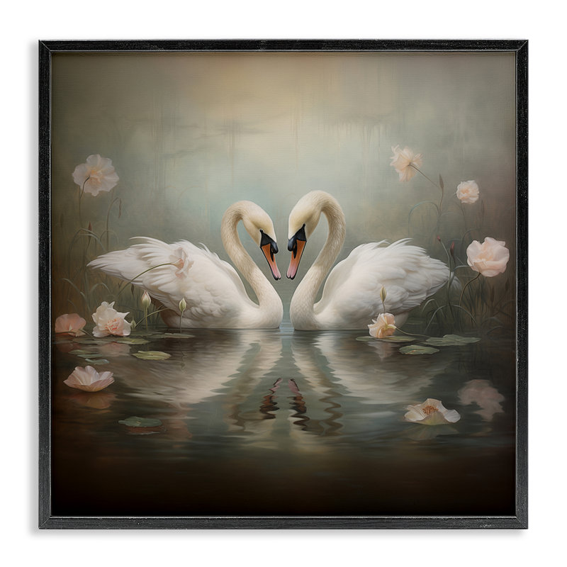 Cygnes romantiques dans un étang floral, estampe numérique, design par Arlington Prints, Giclée encadrée noir minuit