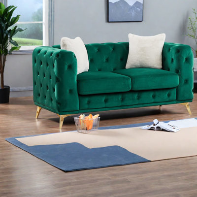 Canapé à compression, velours vert, Chesterfield