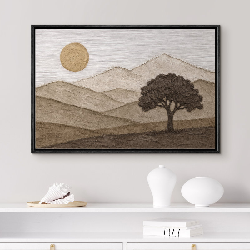 «Warm Tone Mountain Tree Scene Cozy Room Wall Decor Round Sun», reproduction d'art sur toile encadrée, H 16 po x l 24 po