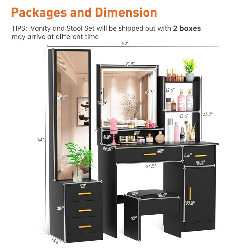 Makeup Vanity Desk with Lights and Full-Length Mirror, Vanity Table Set with 3 Lighting Modes, Dressing Table with Drawers, Large Vanity Desk for Bedroom, Outlets and Stool included