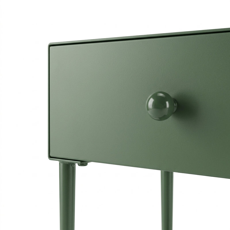 Green All-Metal Nightstand - 1-Drawer Bedside Table with Open Shelf and Tapered Legs - Modern Design