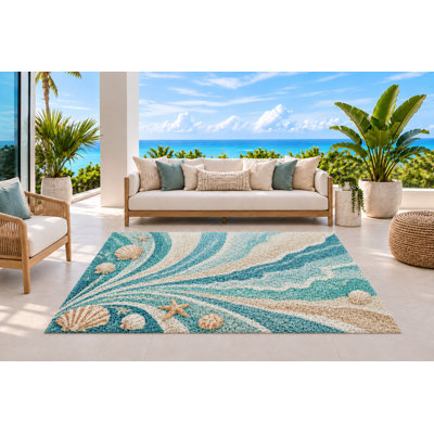 Tapis d'extérieur 152 x 213 cm, motif étoiles de mer et coquillages avec vagues océaniques rayonnantes, en PVC imperméable à boucles, résistant et à séchage rapide, idéal pour porche, terrasse, balcon ou entrée.