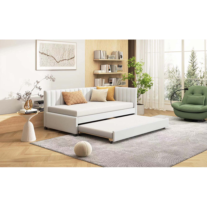 Lit de jour rembourré avec base de canapé-lit sans sommier, tissu en lin, Beige, Lit simple