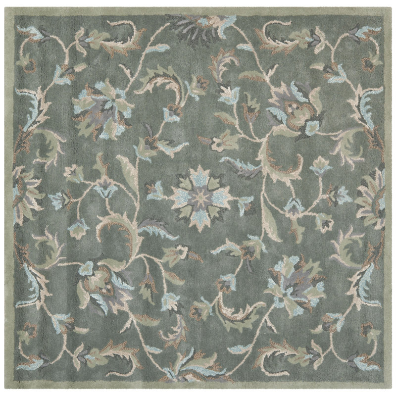 Gray Floral Handmade Tufted Wool Square Rug