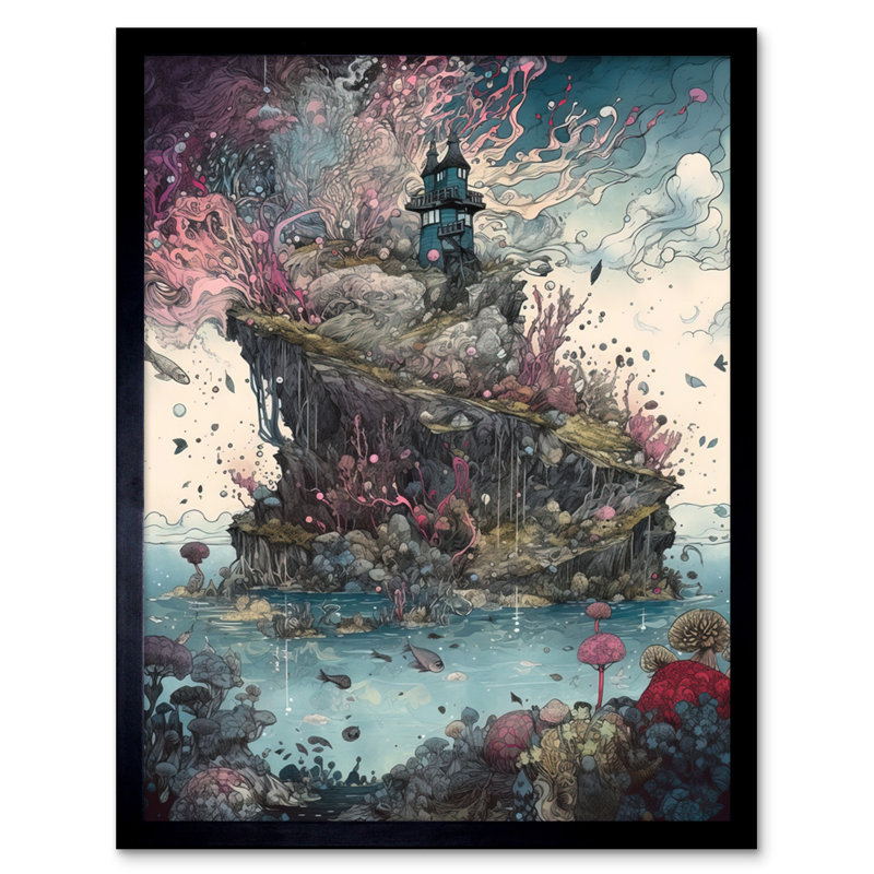 Fantasy World Coastal Island Landscape Nymph House Magical Marine Life Flying Fish Seaweed Cloud - Single Picture Frame Print