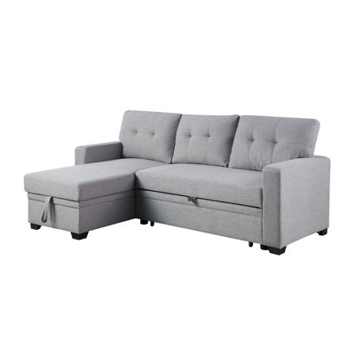 3 - Seat, Upholstered Pull Out Sectional , Storage Chaise, Convertible , Twin Sleeper, Removable Back Cushions, Comfortable Guest Overnight, Linen Gray Seat With Cushions For Overnight Comfort