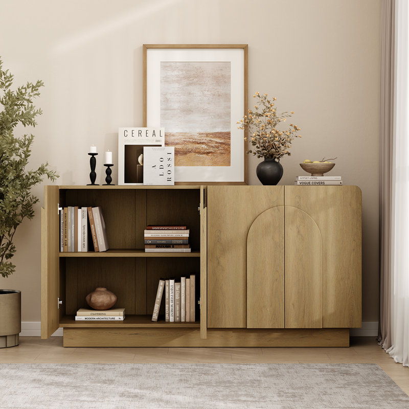 60" Curved Sideboard With Adjustable Shelf & 4 Doors, Oak