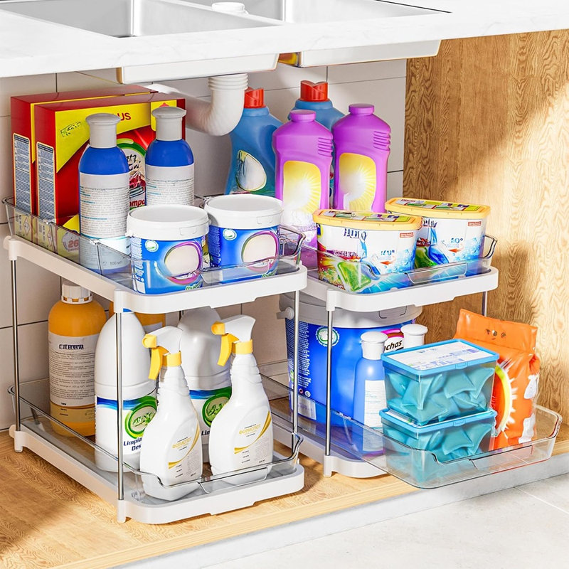 Rangement sous évier à 2 niveaux avec tiroirs coulissants et séparateurs réglables, rangement empilable pour salle de bain, cuisine, garde-manger, blanc
