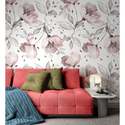 Papier peint amovible avec motif de fleurs et de feuilles roses