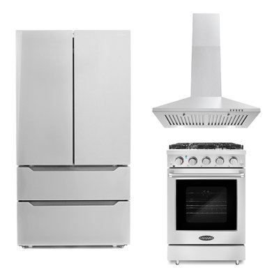 Cosmo 3 Piece Kitchen Appliance Package with French Door Refrigerator , 23.80 in. Gas Freestanding Range Gas Cooktop , Wall Oven , Dishwasher , and Microwave , and Wall Mount Range Hood , and Wine Refrigerator , and Air Fryer