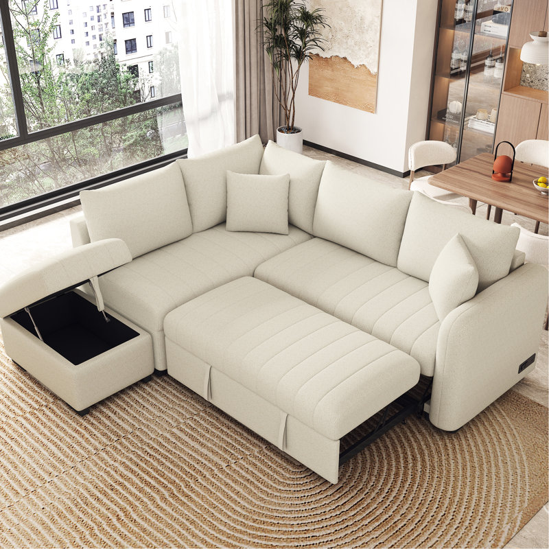 82.6" L-Shaped With Pull Out Bed And Movable , & Power, Beige Sectional Function, Nuance, Beige Fabric