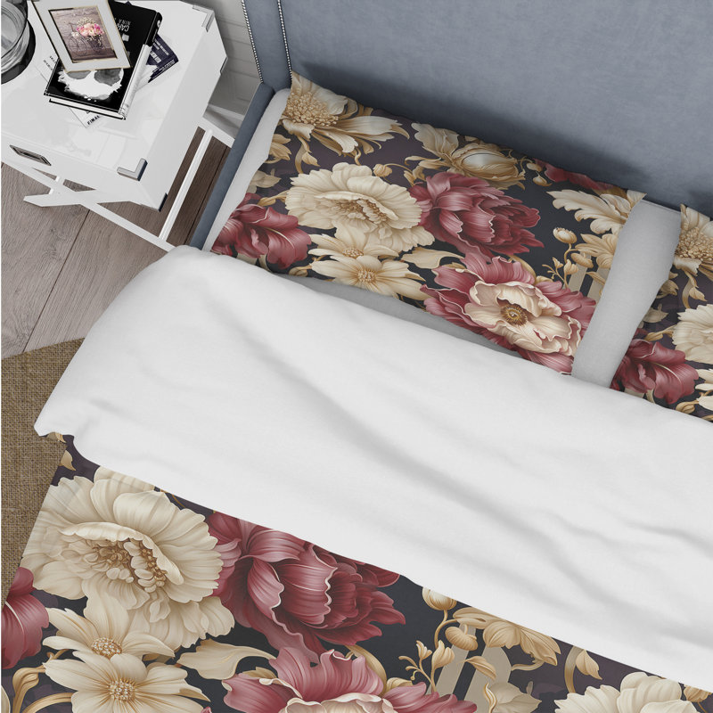 Literie pivoines beige et rouge Chic Elegance, Housse de couette simple + 1 taie décorative stan