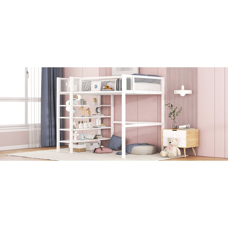 Lit mezzanine blanc avec 4 tablettes et espace de rangement supplémentaire, Lit simple, Blanc