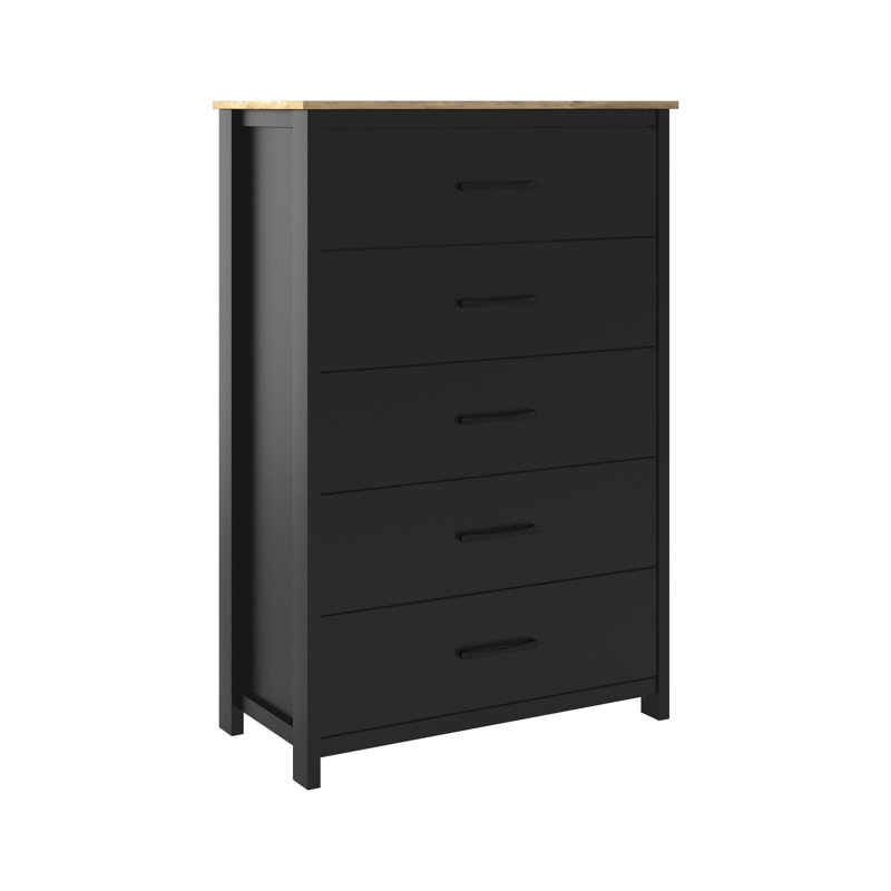 Commode 5 tiroirs Allysyn, Noir / chêne noueux