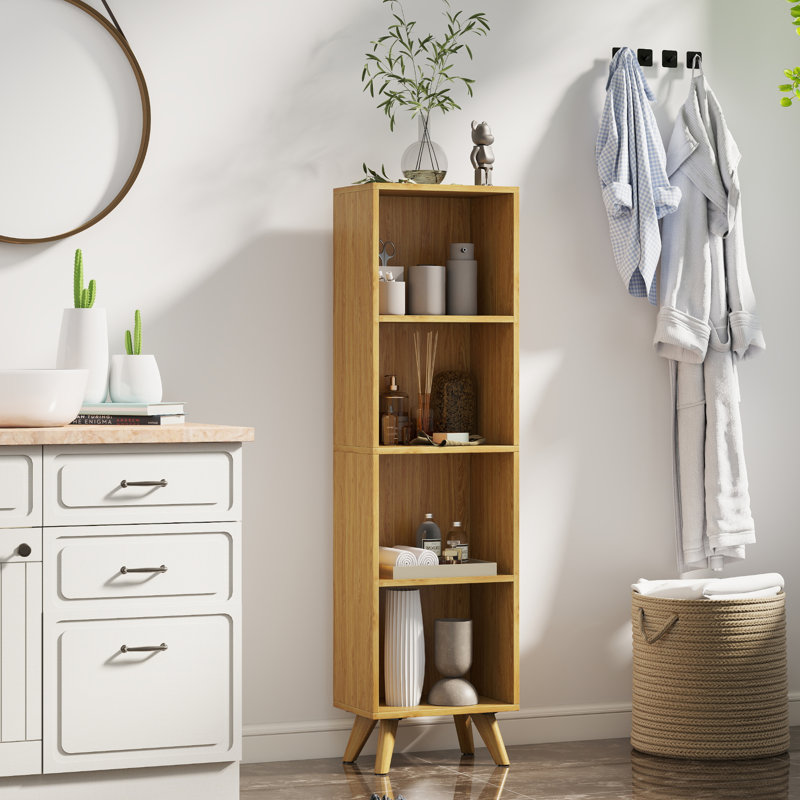 Ronald 4-Shelf Bookcase Cabinet with Adjustable Shelves and Sturdy Wooden Legs, 52.95"H x 14.57"W x 9.45, Oak