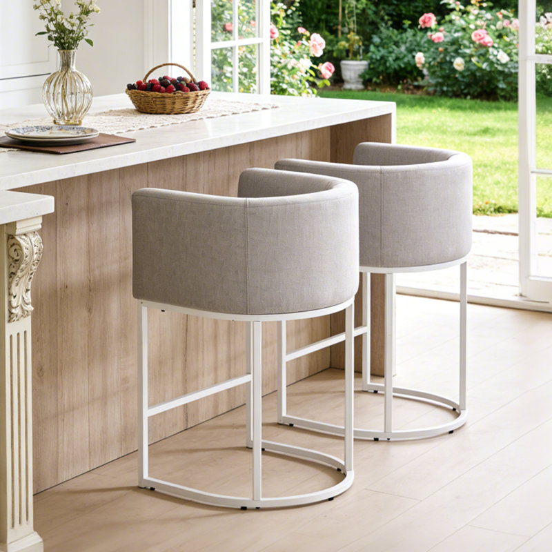 26" Upholstered Metal Barrel Counter Bar Stool, Light Grey Seat/White Frame, 2