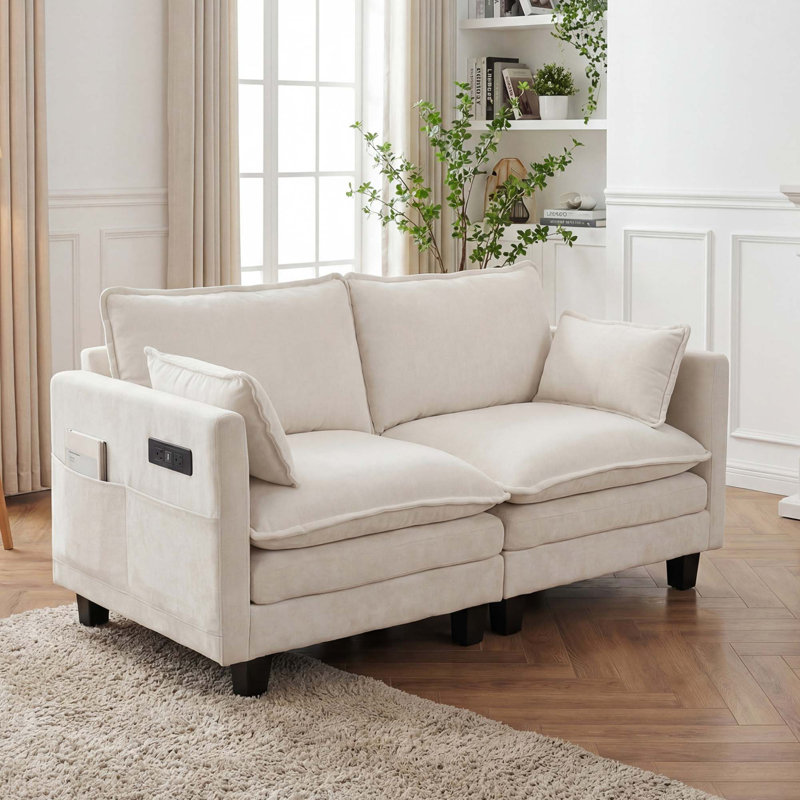 Canapé moderne avec causeuse compacte et double USB, 71.3" W, Beige White Chenille