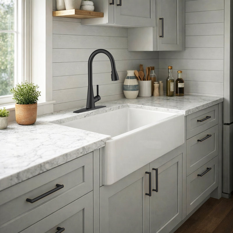 Robinet de cuisine rétractable avec plaque de pont, Noir mat, Sans distributeur de savon