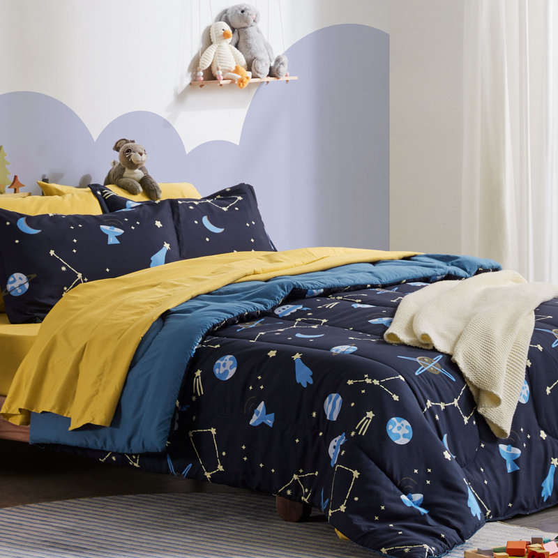 Kids Space Galaxy Comforter Set, Full/Queen Comforter + 2 Standard Shams, Navy Blue