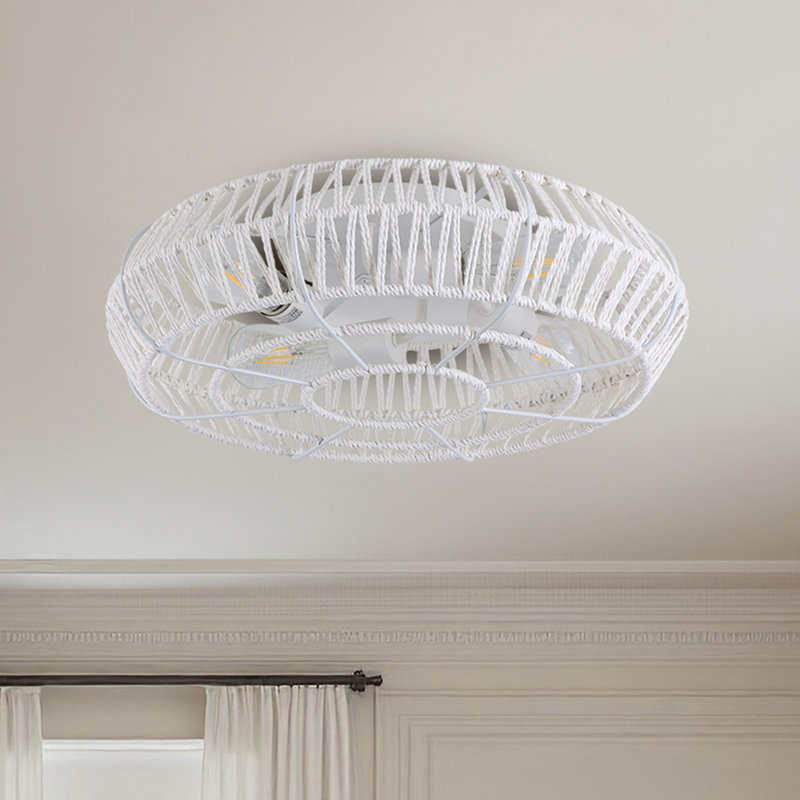 20" Handmade Hemp Rope Boho and Farmhouse Style Flush Mount Light with LED Light, Remote Control and Reversible Motor for Bedroom, Living Room or Dining Area