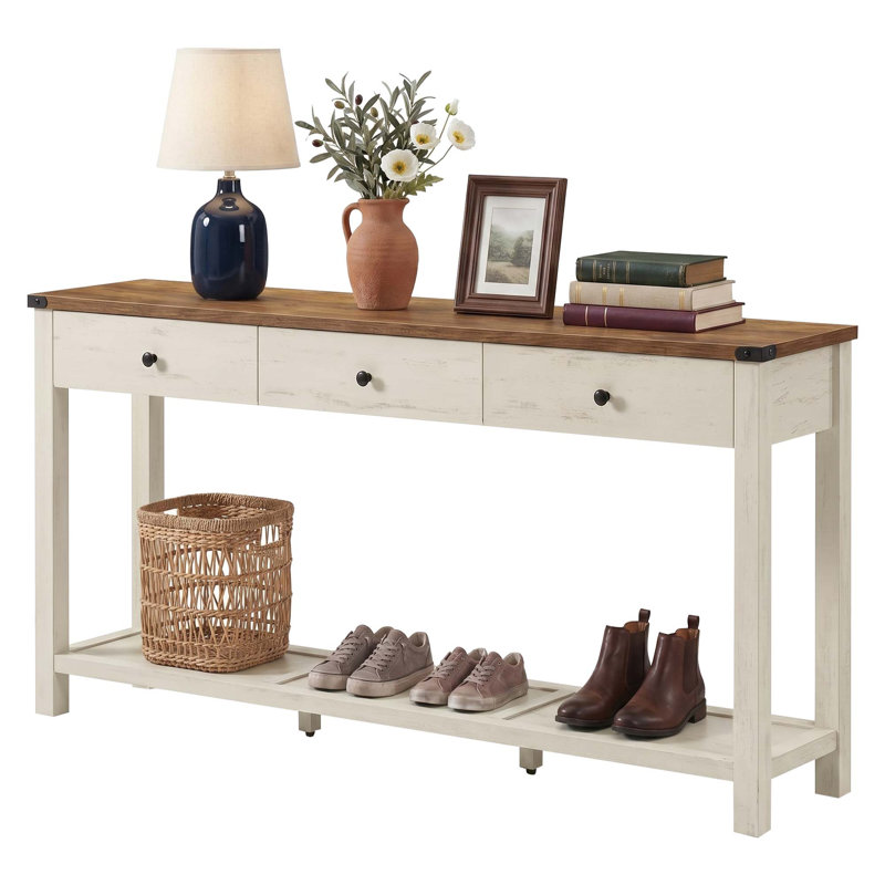 Console Saha 63,4 po à 3 tiroirs, H 30,3 po x l 63,4 po x P 9,8 po, Blanc rustique