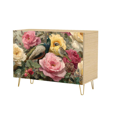 Sideboard Buffet Cabinet with Storage Botanical Mural Detailed Feathers Flowers with 2 Doors for Living Room and Kitchen