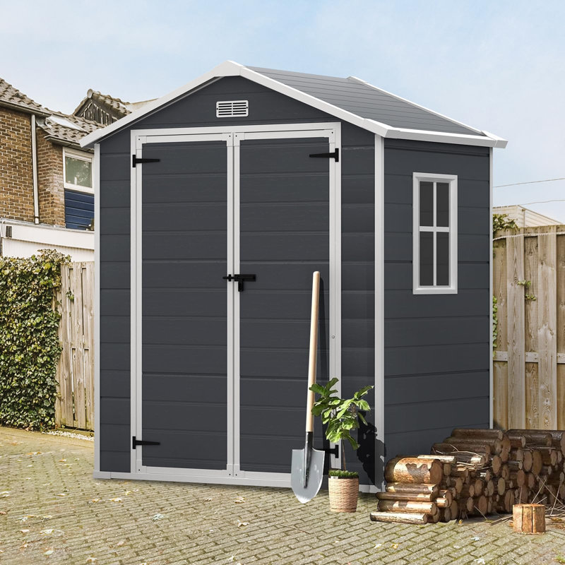 iYofe 6x4 FT Large Outdoor Storage Shed, Resin Garden Tool Shed with Floor, Lockable Door, Air Vent, Weather Resistant Backyard Storage House, Quick Assembly