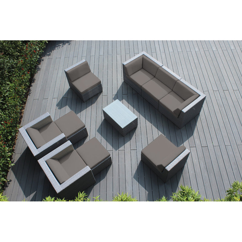 Ensemble de conversation en osier pour 7 personnes avec coussins Kiara, Toile Sunbrella® taupe, gris