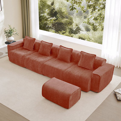 Modular 4 Seat L Shape Sectional Boneless Sofa With French Edge Piping, No Assembly Required, 4-Seat Sofa Couch With Throw Pillows And 1 Movable Ottoman