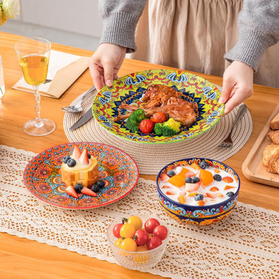 Service de table 18 pièces, assiettes et bols en céramique pour 6 personnes, style bohème, en porcelaine, compatible micro-ondes et lave-vaisselle, résistant aux égratignures, non toxique.