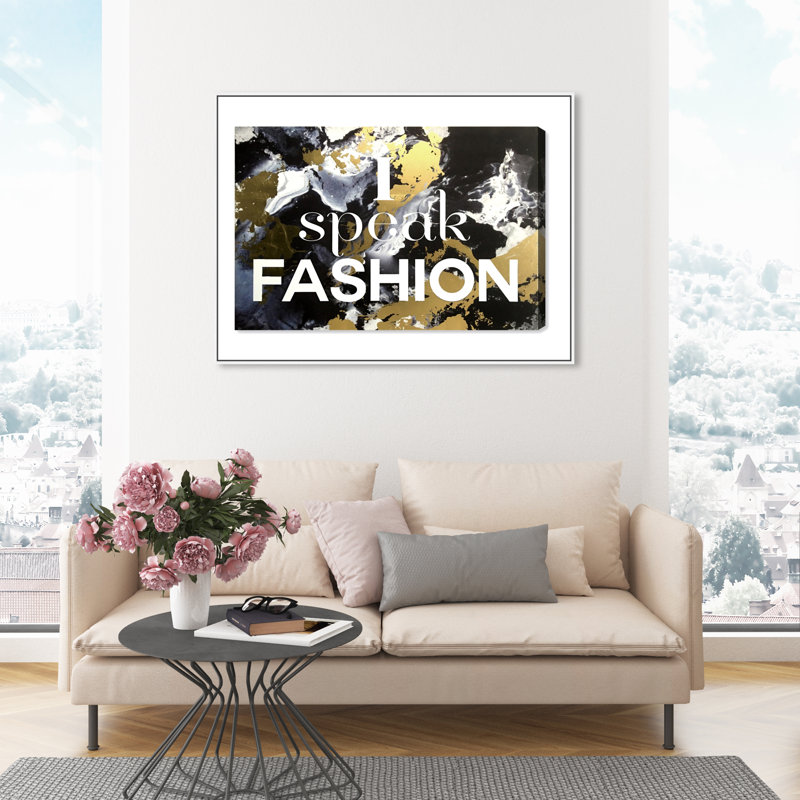 I Speak Fashion, Glam Fashion Splash Modern - art textuel, H 31 po x l 46 po, Cadre en bois blanc
