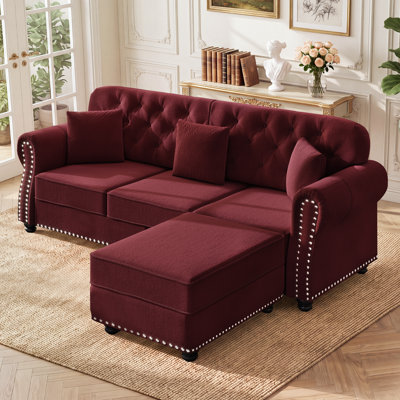 Canapé Chesterfield 82,6 po 3 places rembourré en chenille, canapé capitonné moderne de style Mid-Century avec repose-pieds et 3 coussins décoratifs