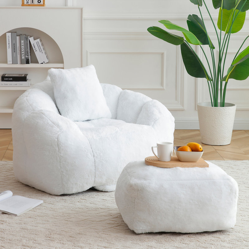 Fauteuil à billes surdimensionné avec repose-pieds, Fausse fourrure blanche