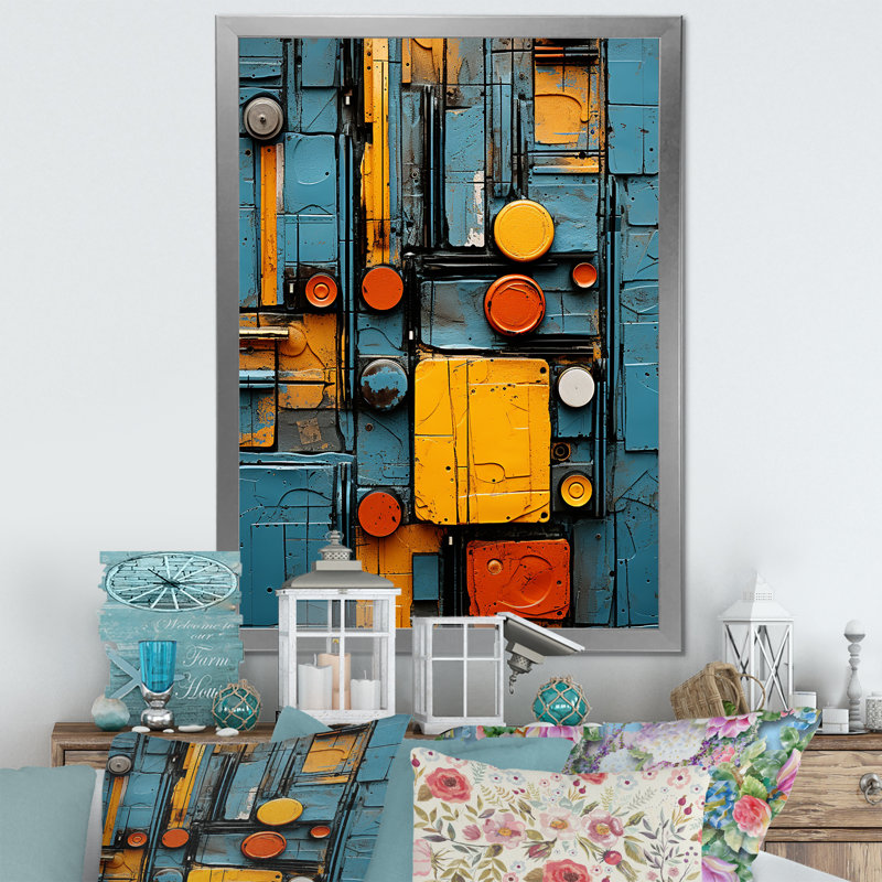 Motif tribal bleu Ndebele - décoration murale tribale africaine sur toile, H 20 po x l 12 po x P 1 po, Cadre simple argenté