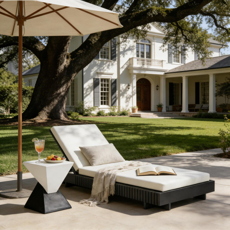 Foye Modern Acacia Wood Outdoor Chaise Lounge With Adjustable Backrest And Water-Repellent Cushion, White, Dark Gray