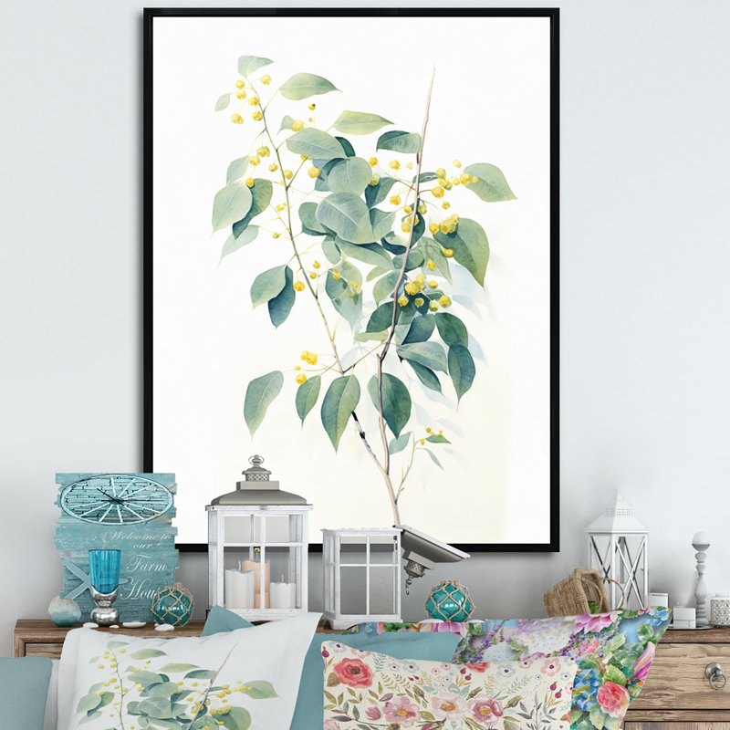 «White Green Minimalisme Eucalyptus Essence» sur toile, H 20 po x l 12 po x P 1,5 po, Cadre flottant noir