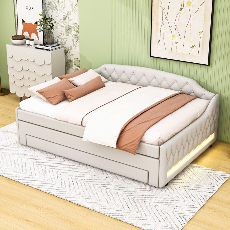 3 Drawers Upholstered Full Daybed with Twin Trundle and LED Lighting, Beige