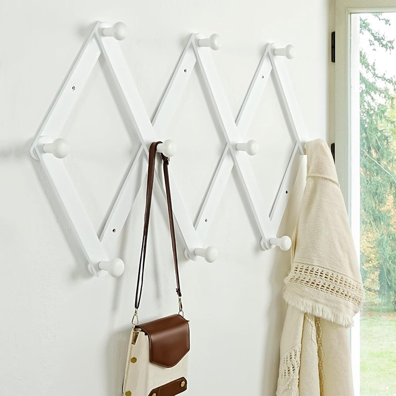 Portemanteau blanc en bois extensible, version plus grande | Cintre mural en accordéon robuste de 24 po de hauteur avec 10 crochets à chevilles robustes | Rangement mural pour manteaux, chapeaux, sacs et accessoires