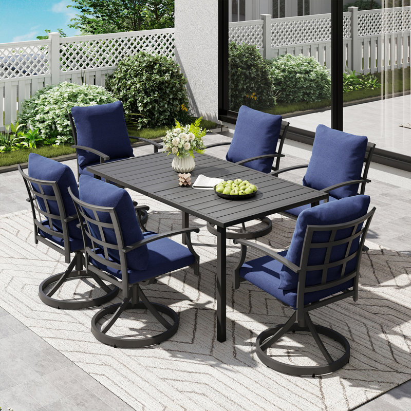 Maynard 7-Piece Black Metal Patio Dining Set With Rectangular Table, 6 Swivel Dining Chairs And Blue Cushions, Blue