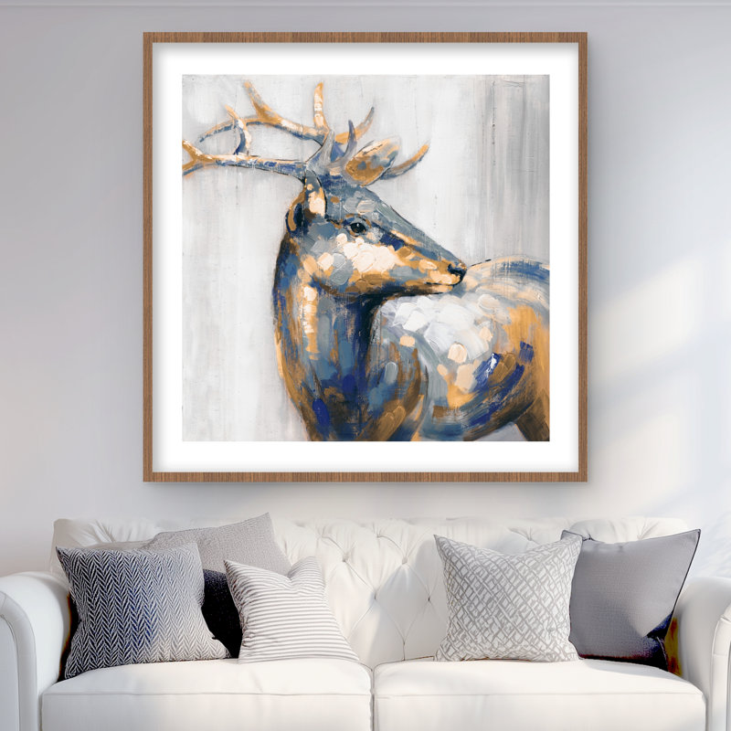 Cerf doré - imprimé mat bleu encadré pour la décoration intérieure, Brun