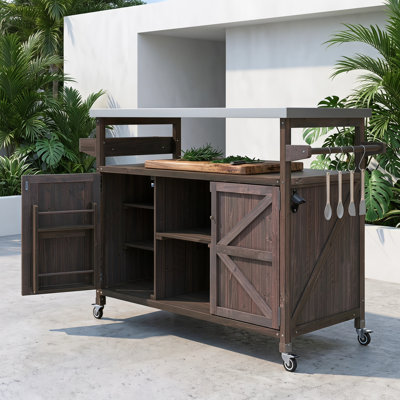 50 Inch Solid Wood Outdoor Rolling Grill Cart with Stainless Steel Top