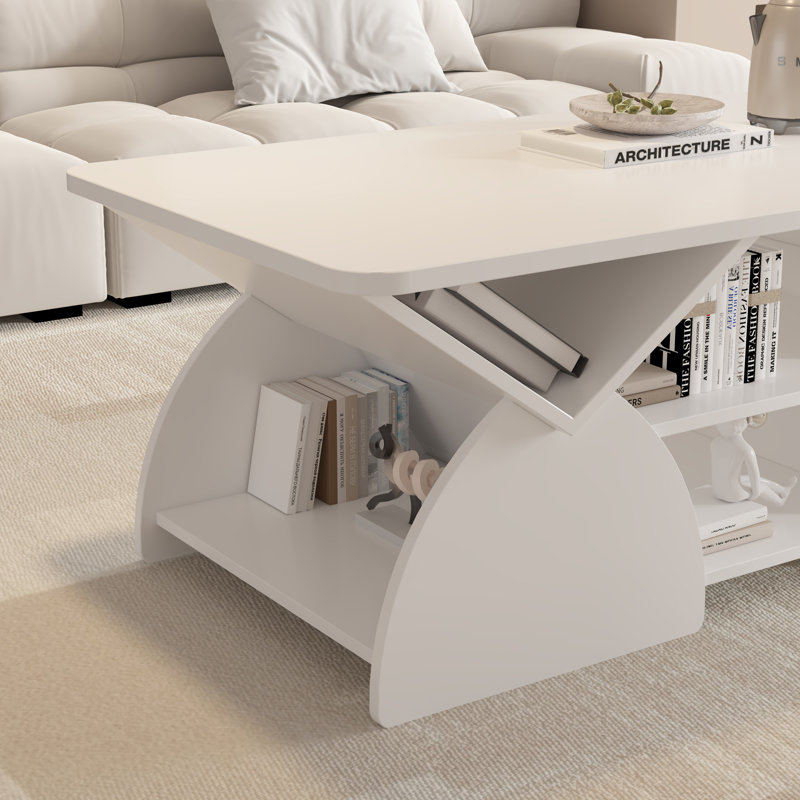 Table basse de coin arrondie avec tablettes ouvertes, Blanc