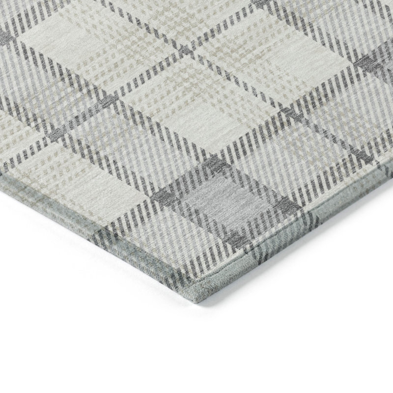 Silver Rectangular Washable Synthetic Plaid Area Rug 46" x 30"