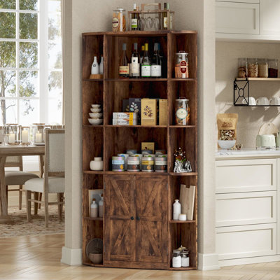 Corner Storage Cabinet, 67” Tall Corner Bookshelf with Barn Doors and Adjustable Shelf