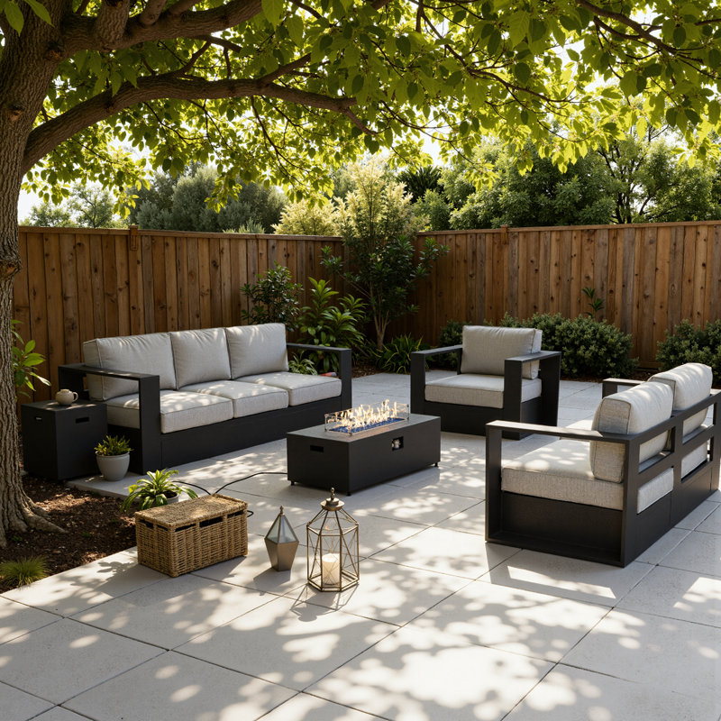 Modern Outdoor Aluminum 4-piece Conversation Set With Firepit Table, Grey Cushion/Black Frame
