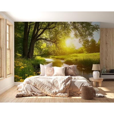 Peaceful Forest River Wall Mural For Bedroom | Tranquil Nature Sunset Wallpaper | Serene Tree Landscape Mural Decor Vn689 (Peel-N-Stick) VN689